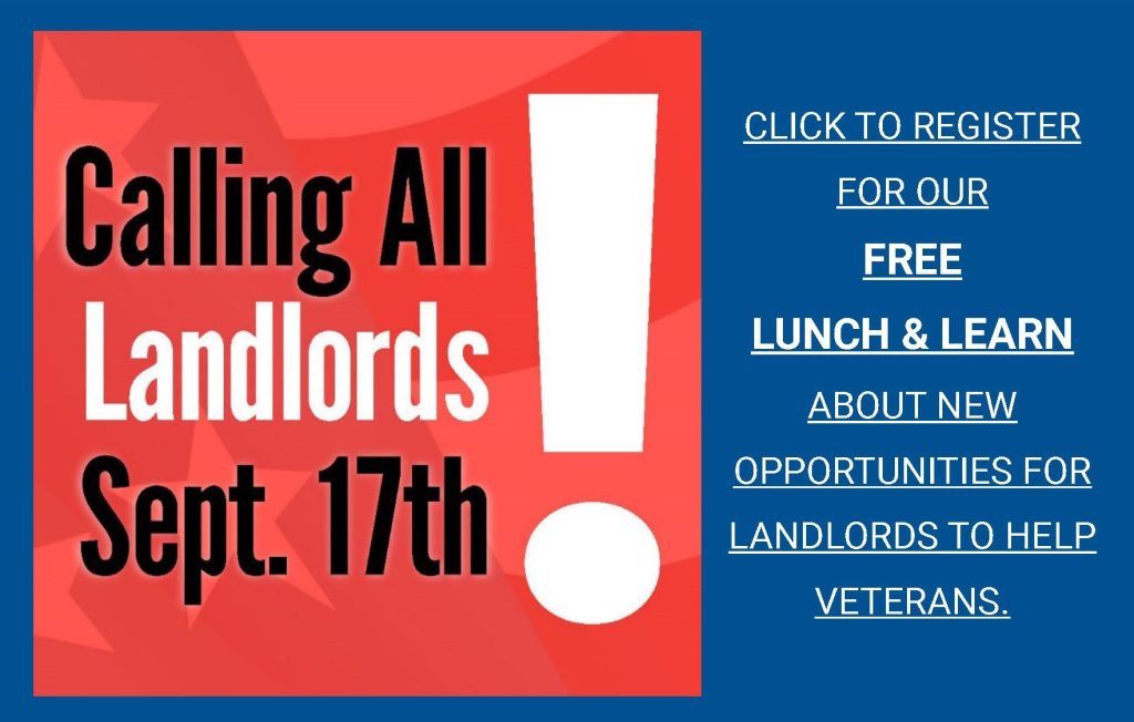 Red and white graphic with bold text reading 'Calling All Landlords Sept. 17th!' alongside blue text promoting a free Lunch & Learn event about new opportunities for landlords to help veterans.
